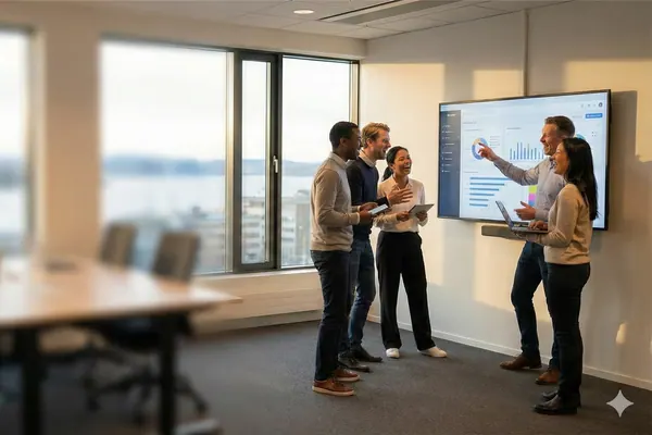 Team som analyserer data på skjermer